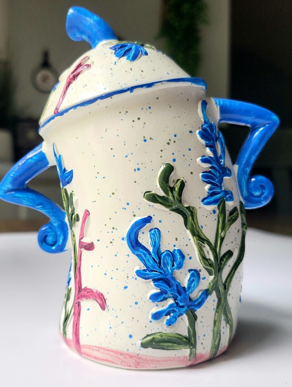 Hand Made-Ceramic Sassy Mini  Painted Floral Canister - Blue & White